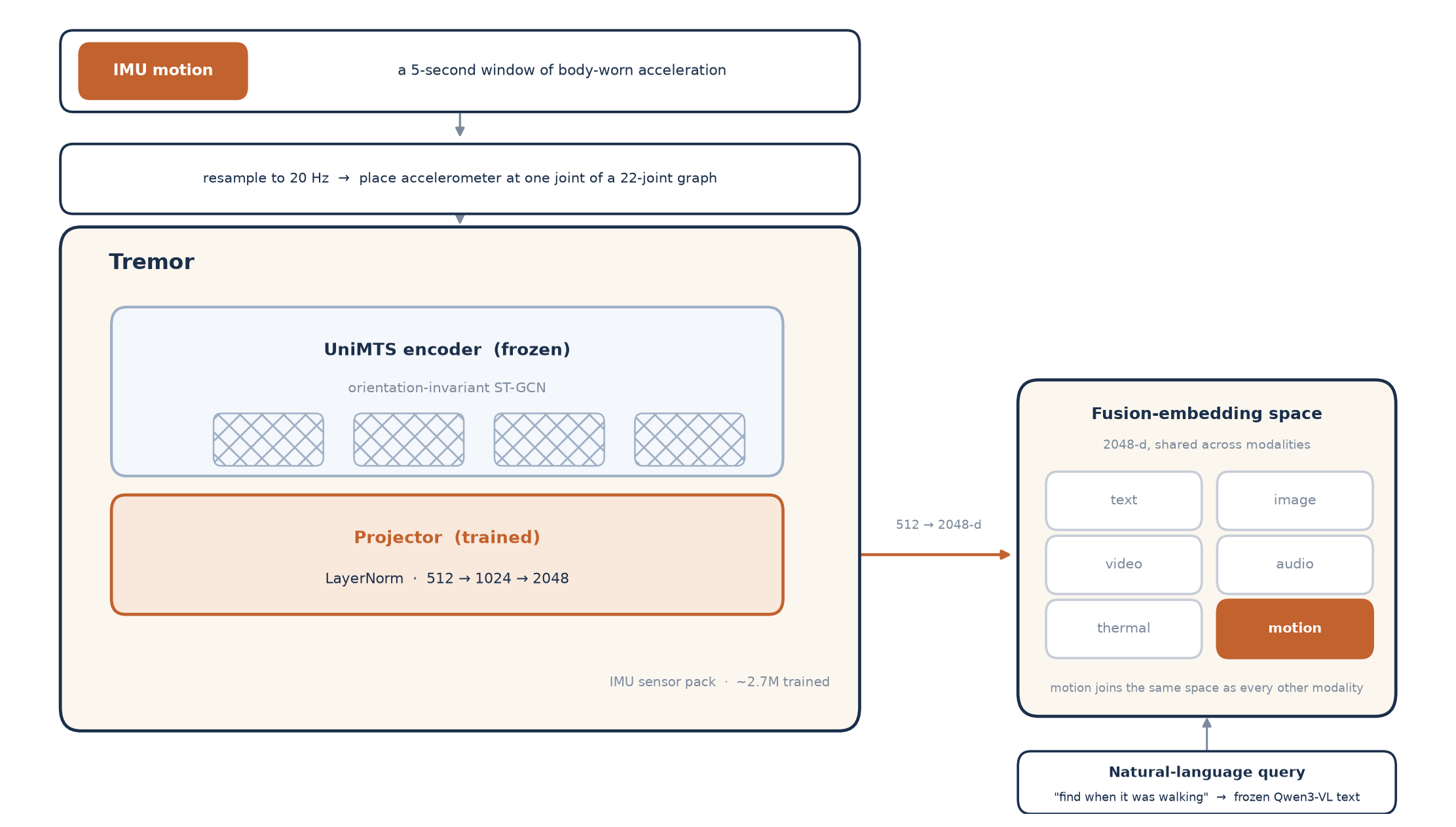 Tremor architecture: a frozen UniMTS encoder feeds a trained projector into the fusion-embedding shared space