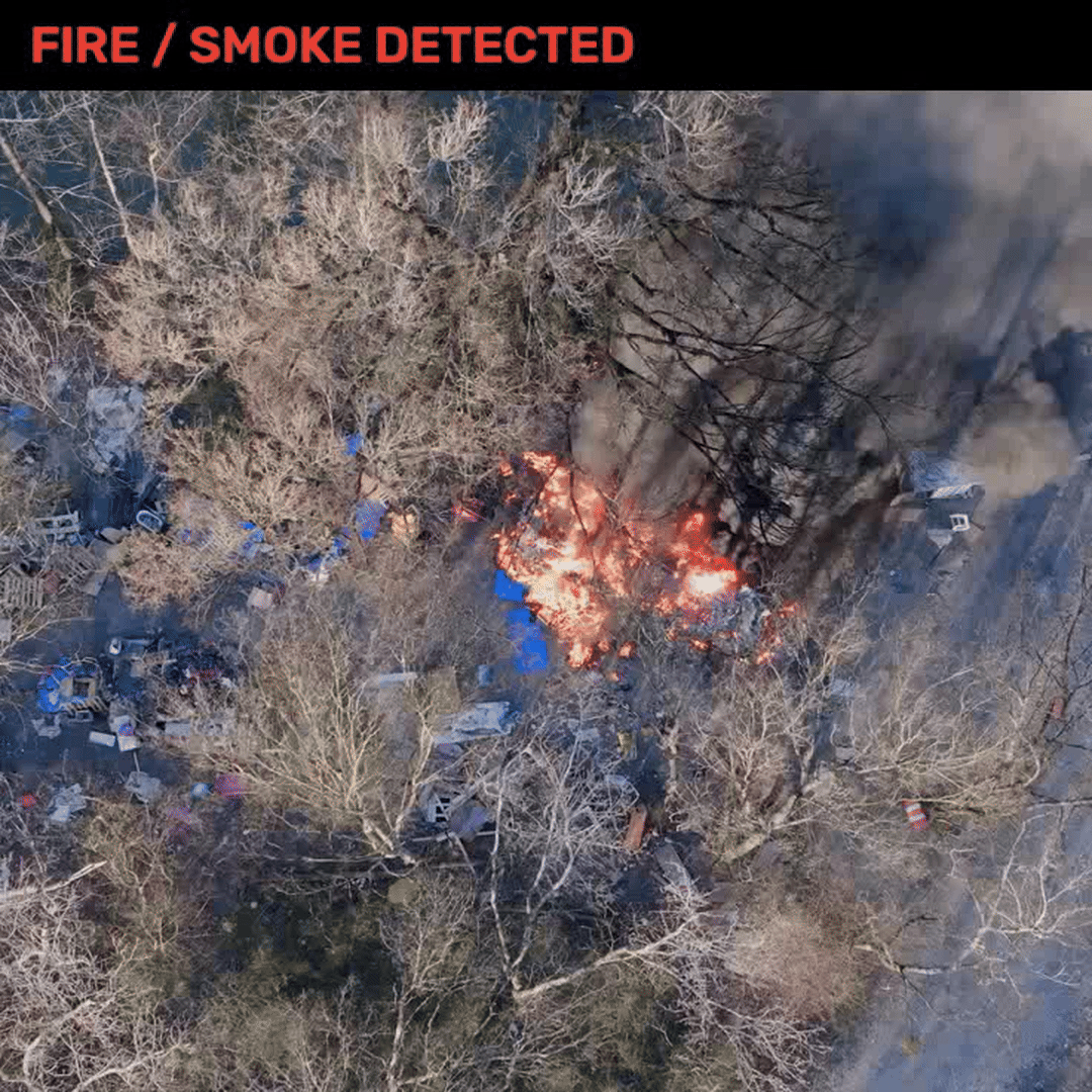 OpenVINO expected output showing a FIRE / SMOKE DETECTED alert banner across the top of a wildfire frame