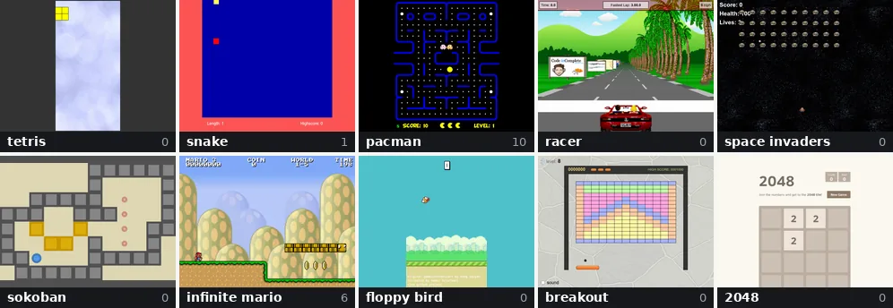 Ten browser games, each one being played by PlayJev, with the score it had reached
