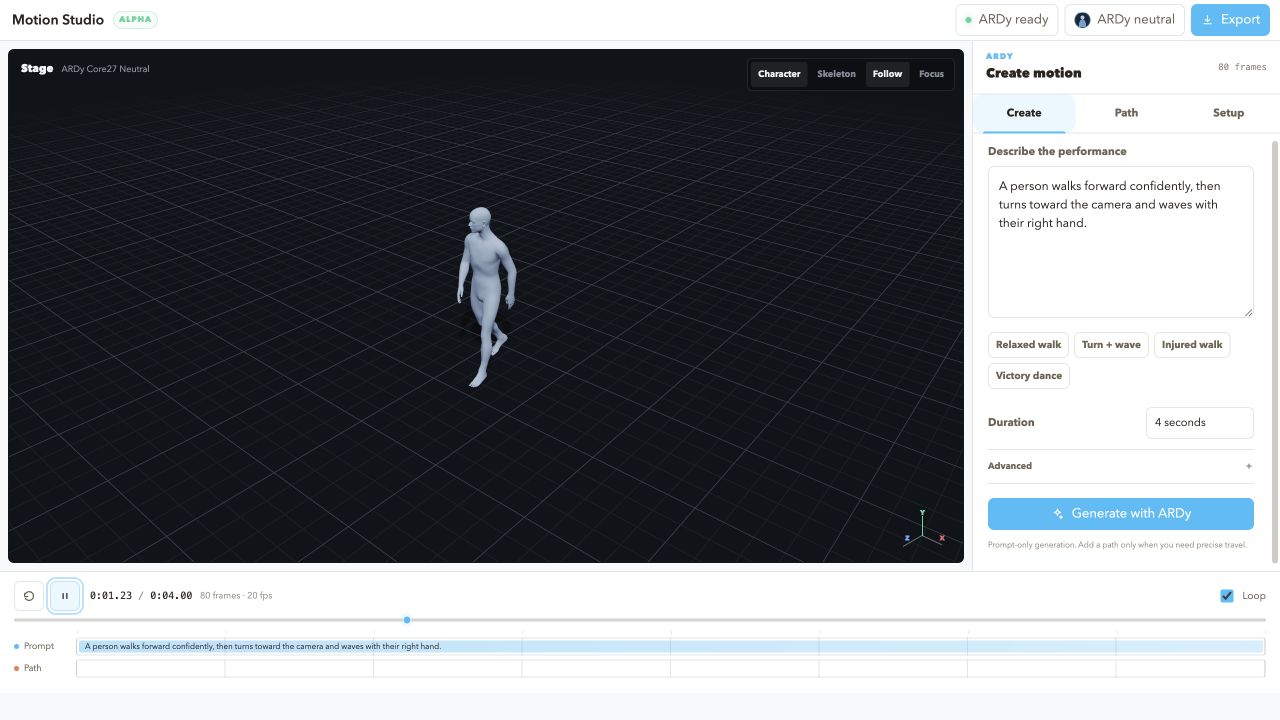 ARDY running in PocketAI Motion Studio