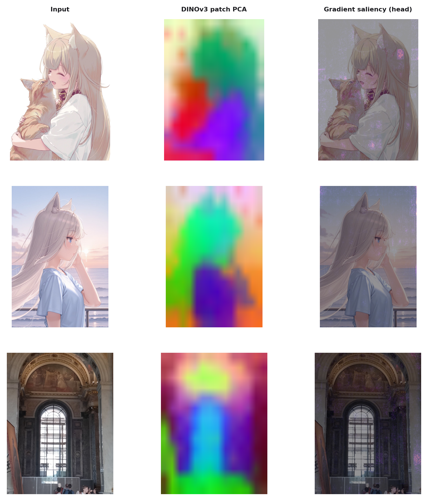 Interpretability: PCA of DINOv3 patches and input saliency