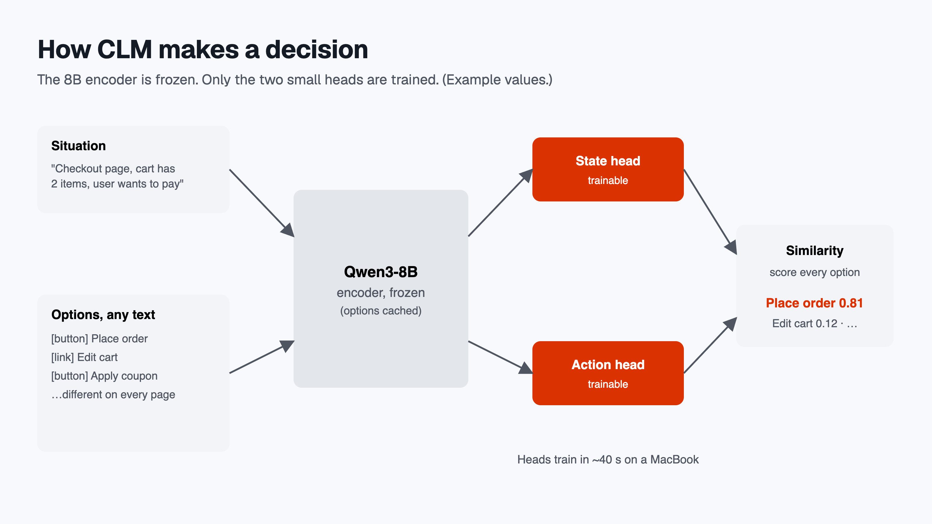How CLM makes a decision: frozen encoder, two small trainable heads