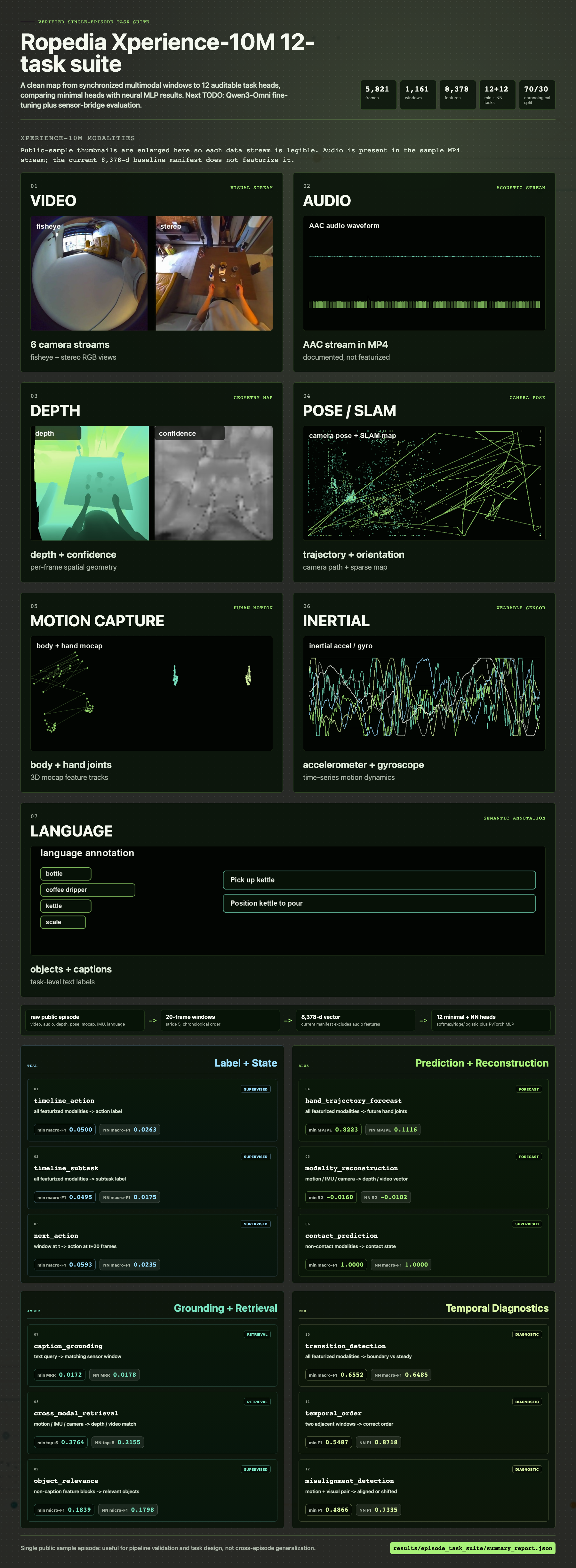 ChatGPT-image-backed infographic showing all 12 Ropedia Xperience-10M tasks
