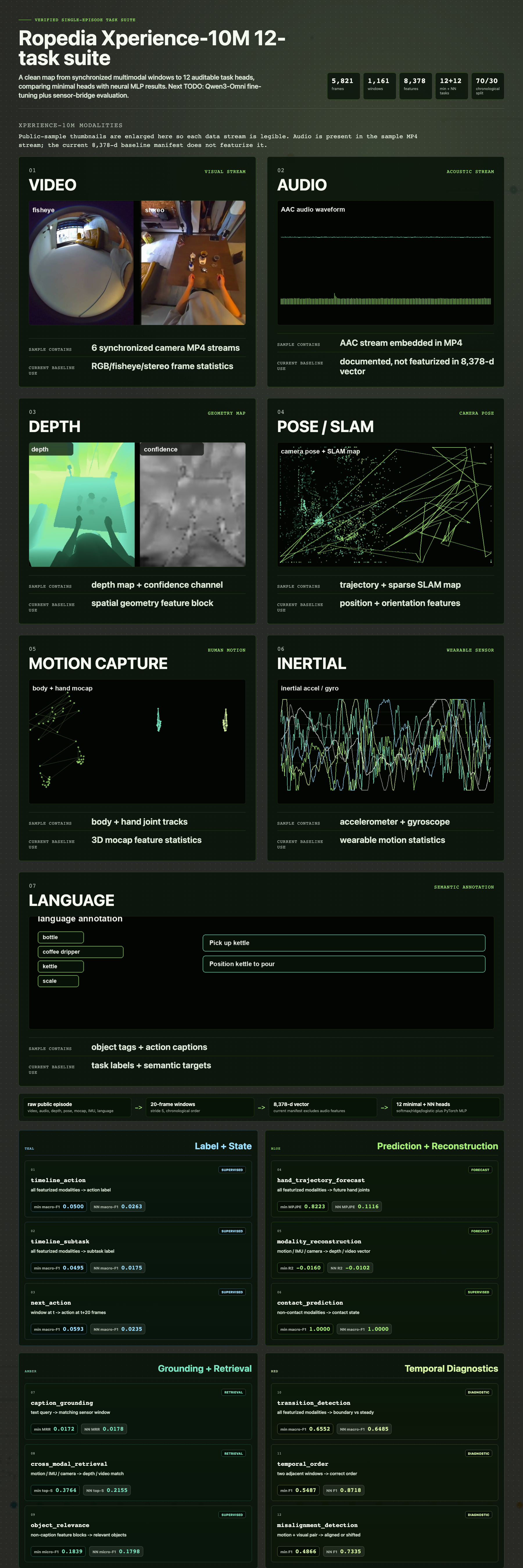 ChatGPT-image-backed infographic showing all 12 Ropedia Xperience-10M tasks