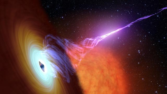 Artist concept of a supermassive black hole with a relativistic jet — AGN engine