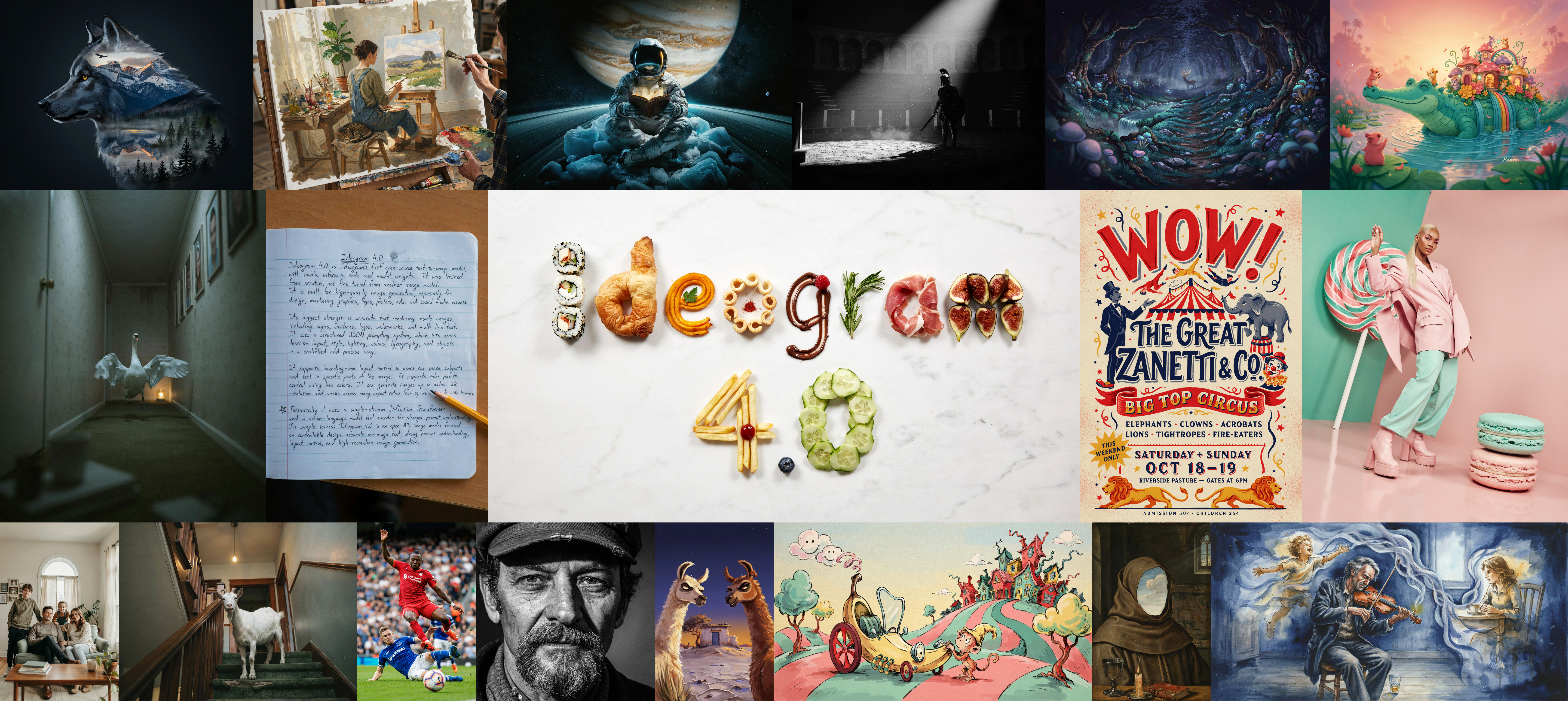 A collage of Ideogram 4 samples spanning photorealism, illustration, typography, and poster design