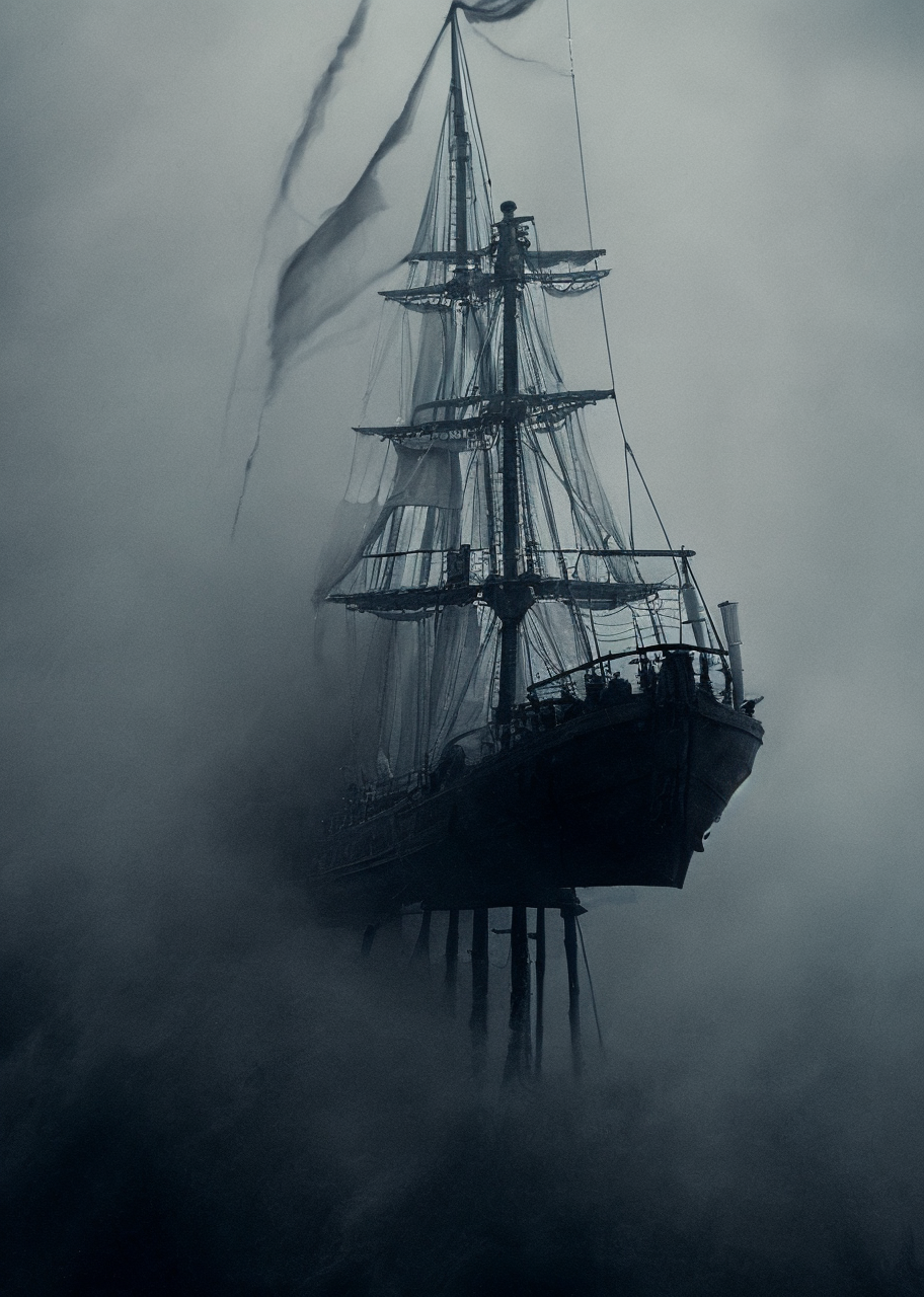 AI generated using loam_dfn5b. Prompt: a fever dream age of sails merchant ship, all rigging and sails perched precariously atop one another, ghost photography, spooky. low contrast, fog, desaturated Negative Prompt:humanity, calm, summer