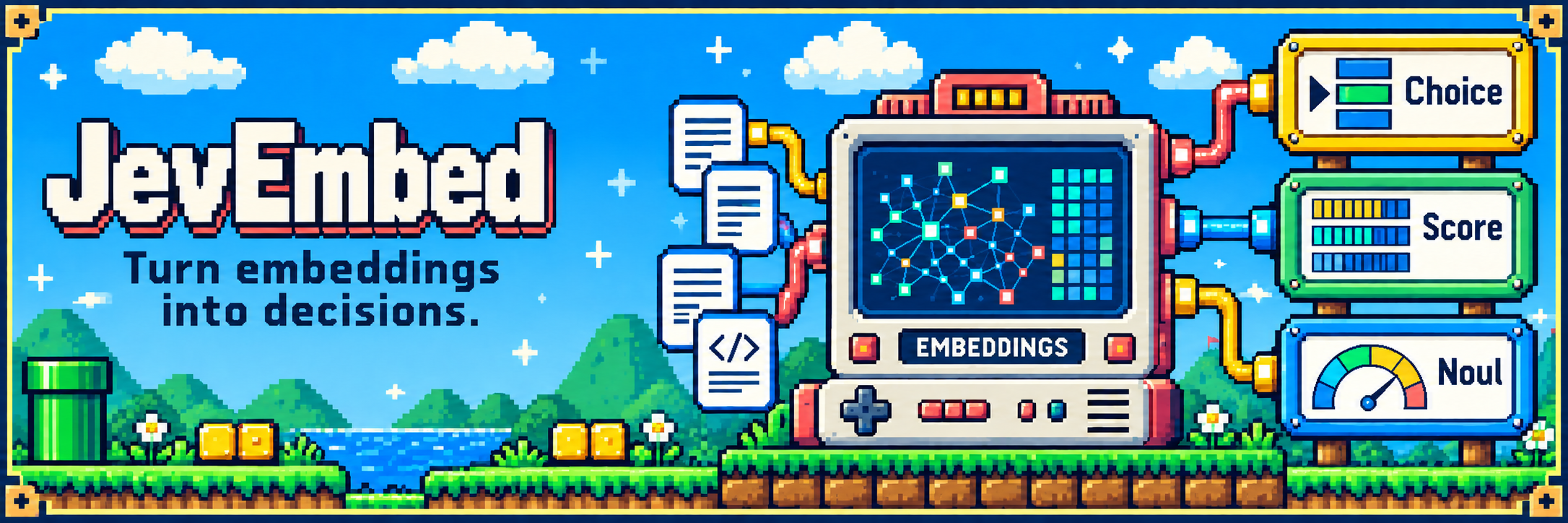 JevEmbed pixel-art banner showing embeddings leading to Choice, Score, and Noul decisions