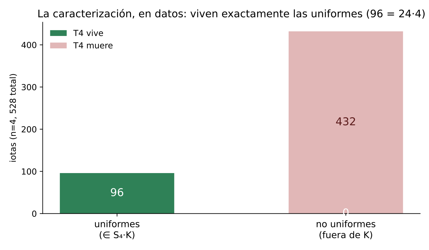 Real data: of the 528 induced iotas at n=4, exactly the 96 uniform ones survive