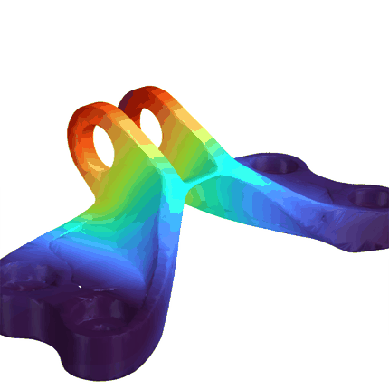 A generated bracket rotating, coloured by its vertical-load displacement field