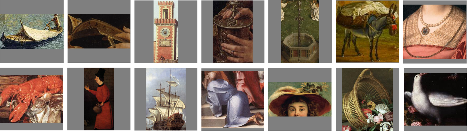 Grid of diverse annotated object crops from across the RichArt dataset