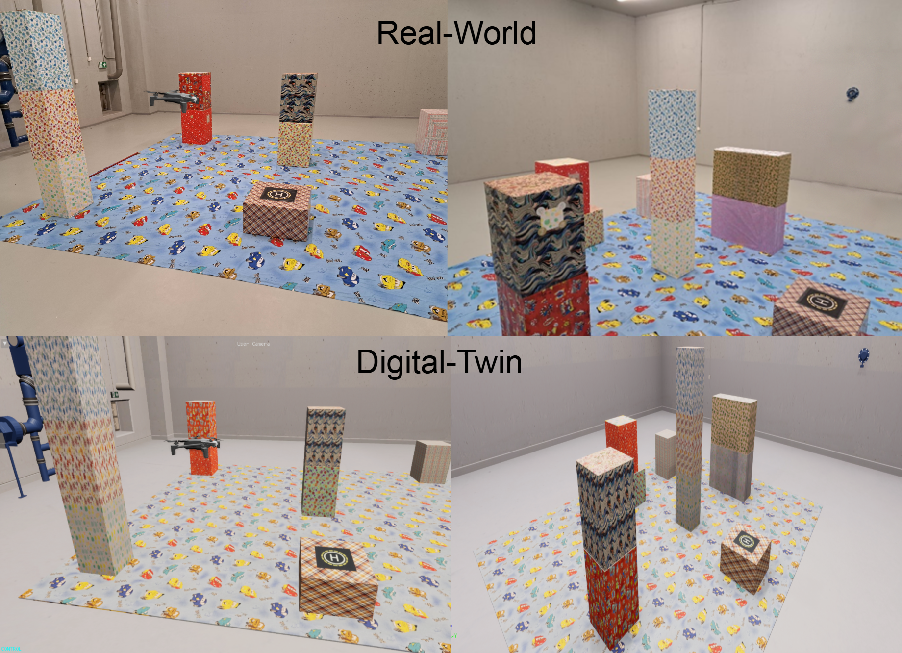 Comparison Between Digital-Twin and Real-World from a third person perspective, real-world environment on the top row and digital-twin on the bottom row, columns representing similar view comparison.