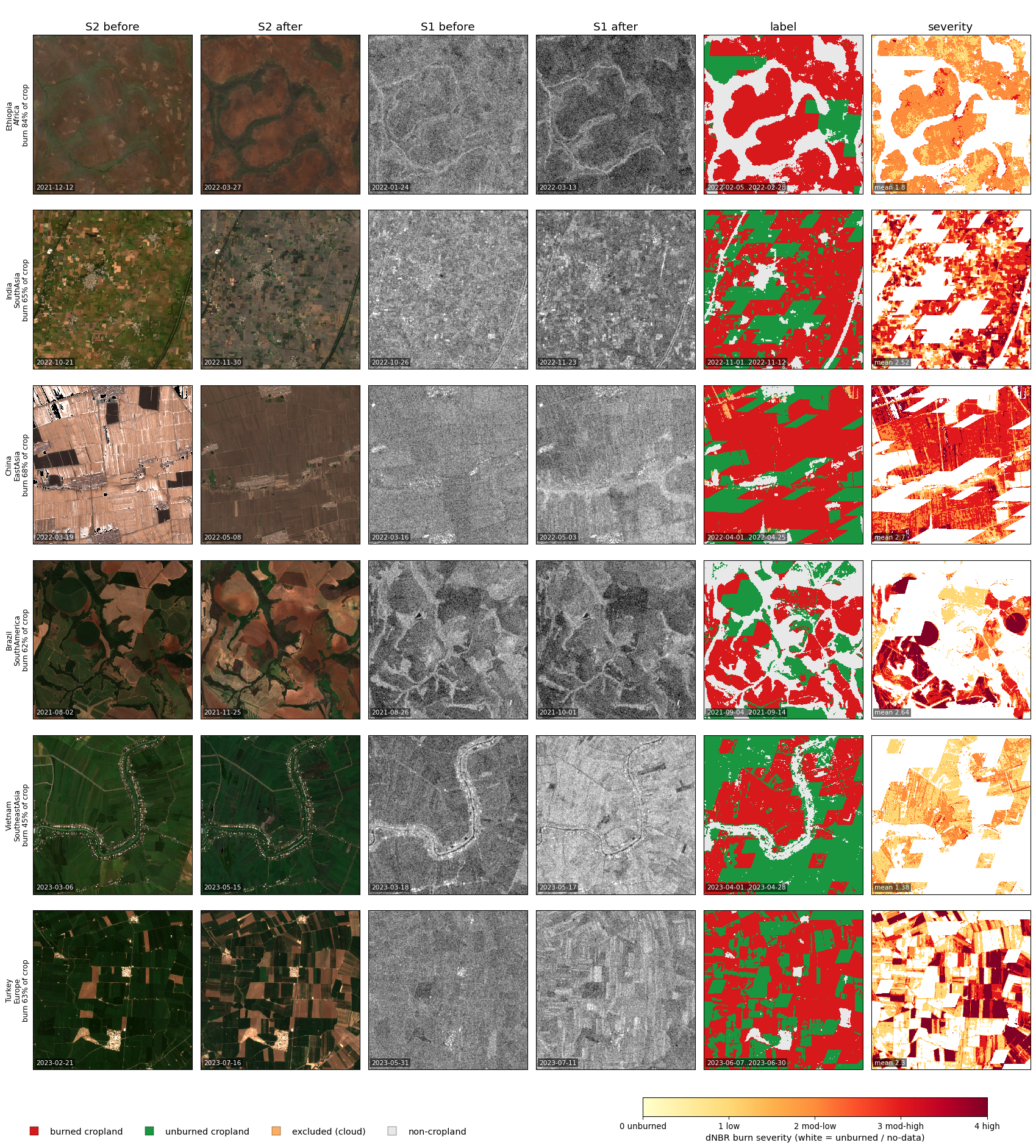Burn events in six countries: Sentinel-2 and Sentinel-1 before and after, label and dNBR severity