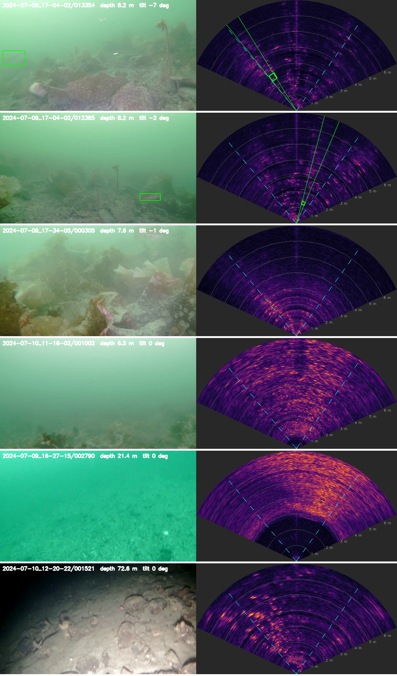 Example pairs: camera frame (left) and the synchronized sonar frame rendered as a fan (right)
