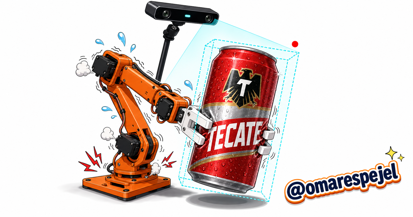 SO-101 arm grasping a can under an overhead depth camera
