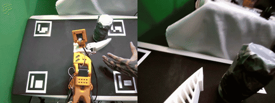 Dual-camera view of an autonomous grasp