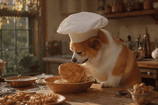 A corgi in a chef hat flips a pancake in a sunlit kitchen