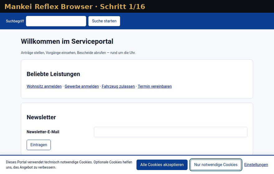 Reflex Browser operating the service portal: one frame per step, 16 steps, no intervention