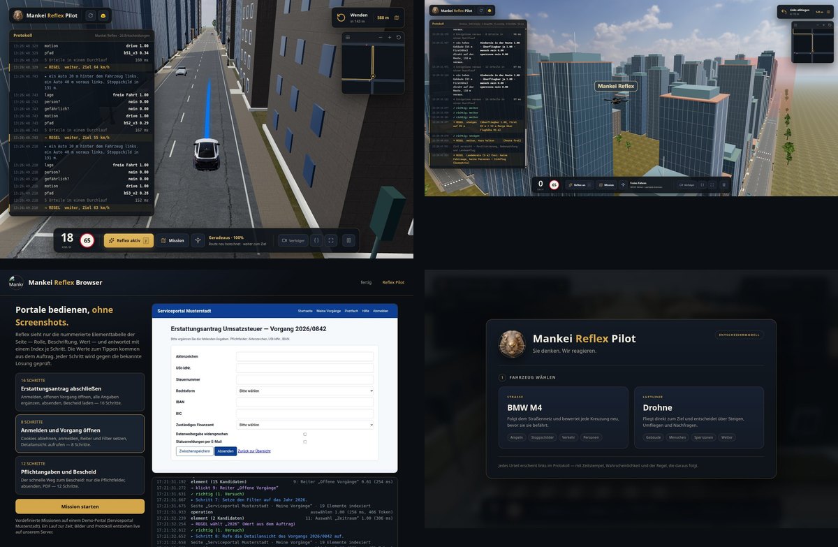 Reflex Pilot on the road, Reflex Pilot in drone mode, Reflex Browser on the service portal, mission start with the target map