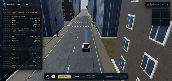 Reflex Pilot on the road, recorded live: scene sentence, situation, person, danger, motion and path in one pass per tick