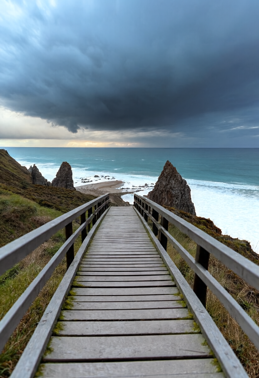 Boardwalk descending toward a rugged coast