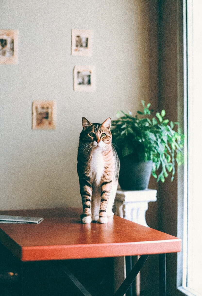 Tabby cat standing on a table