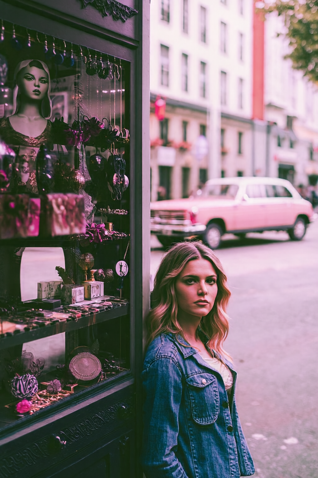 Woman beside a storefront window