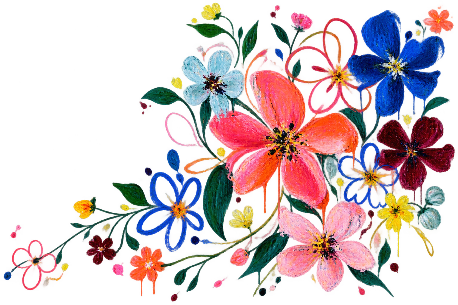 Original painted wildflowers in pink, coral, cobalt and green. They gently turn when you hover over the cover.