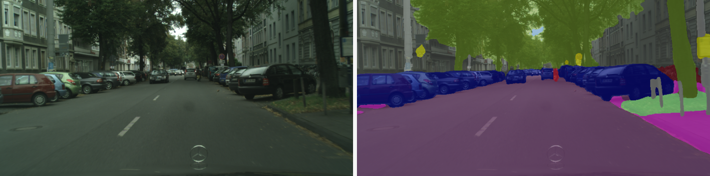 CW-BASS v2 on Cityscapes — input (left) and predicted segmentation overlay (right)