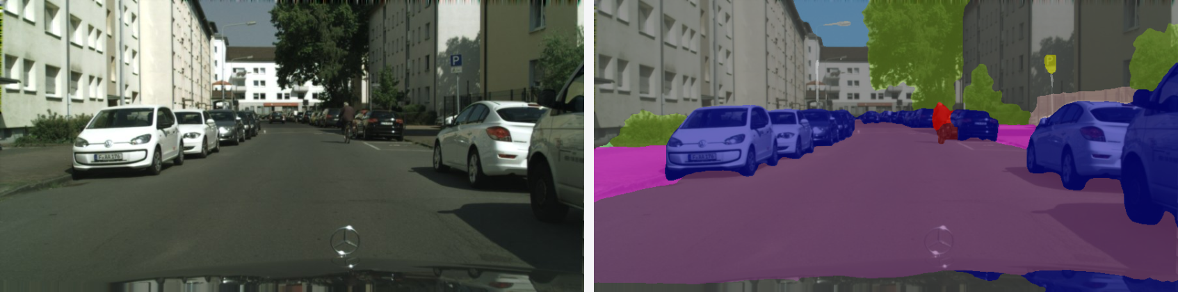 PixCon on Cityscapes — input (left) and predicted segmentation overlay (right)