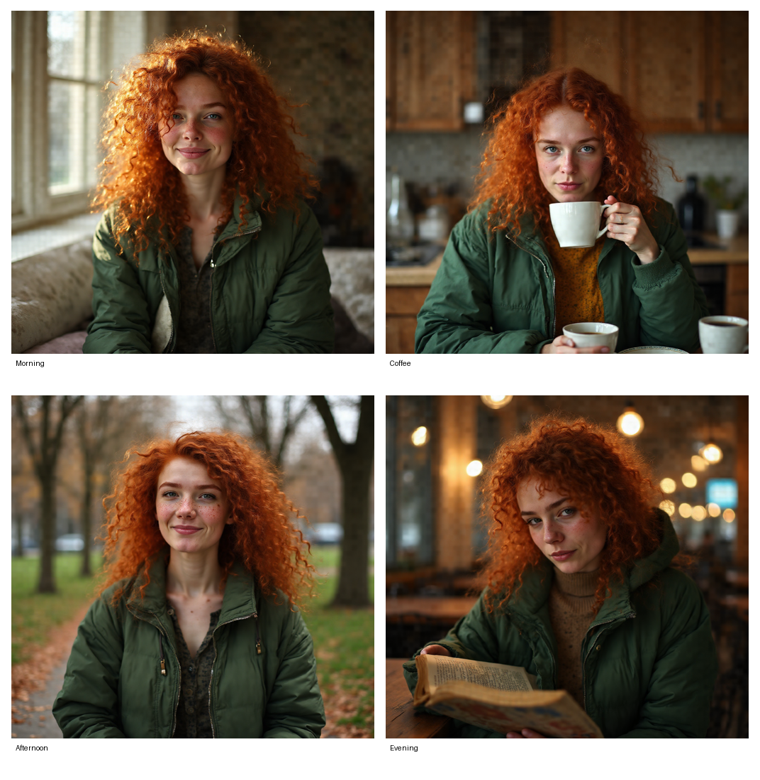 one character across four scenes, comic layout