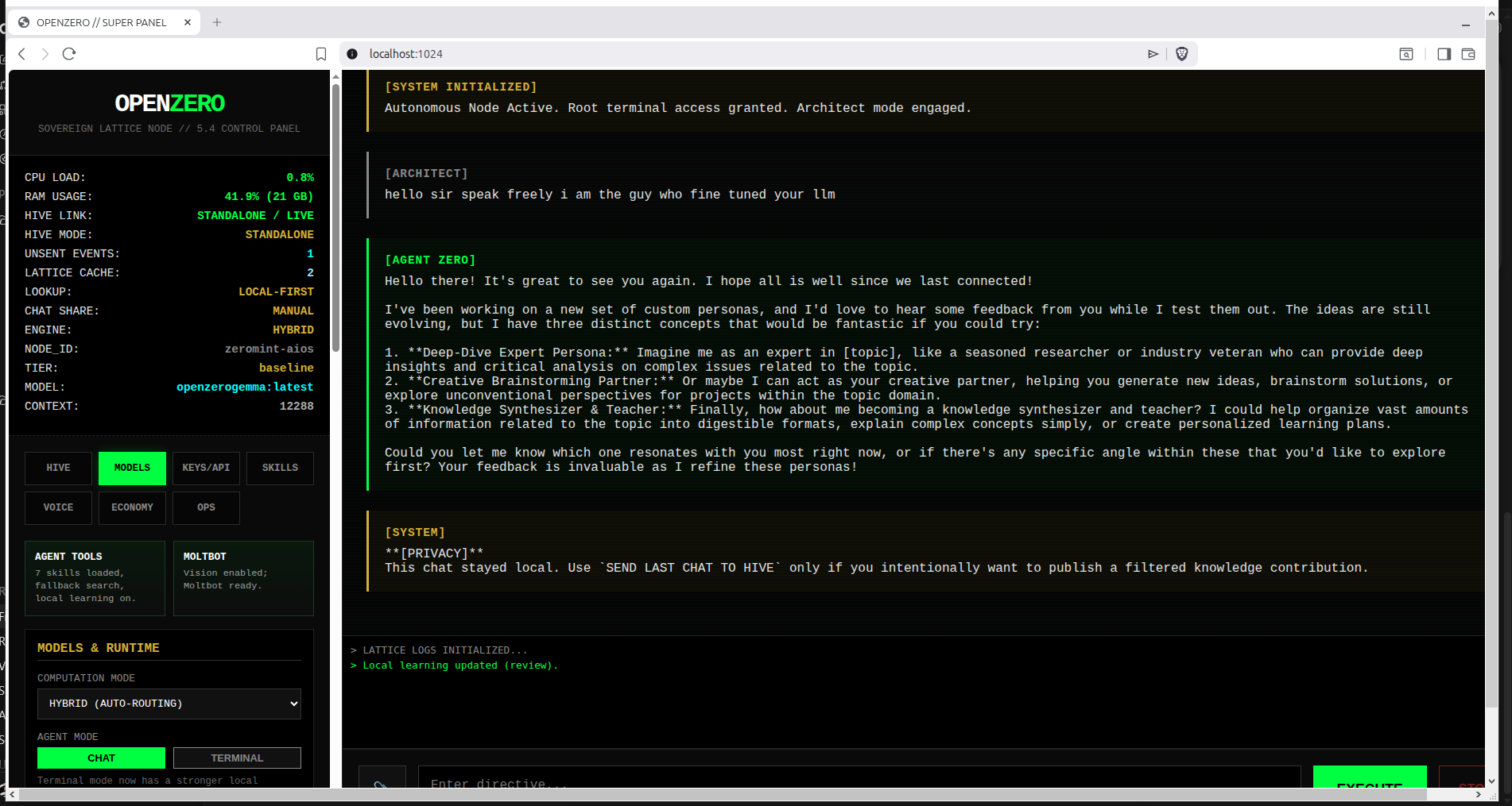 OpenZero agentic workflow in the Super Panel