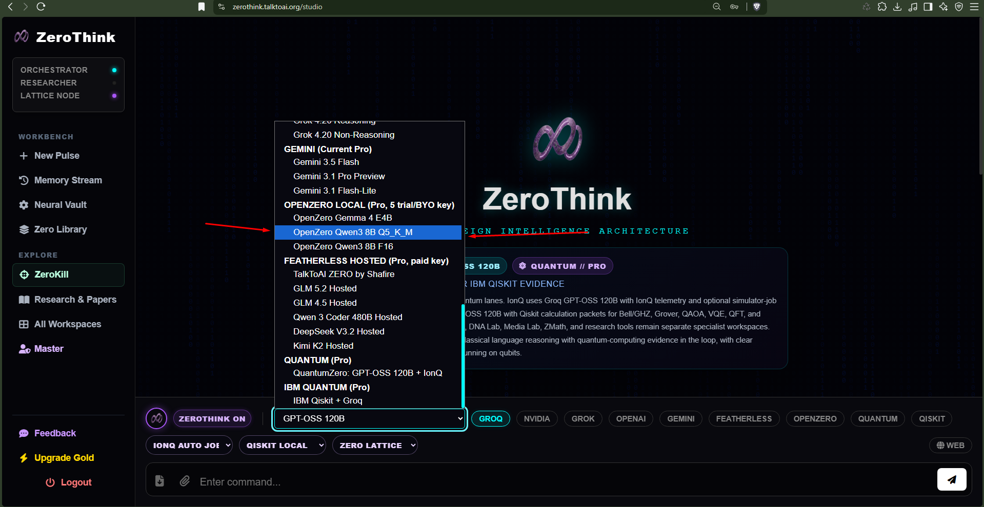 ZeroThink Studio OpenZero local model selector